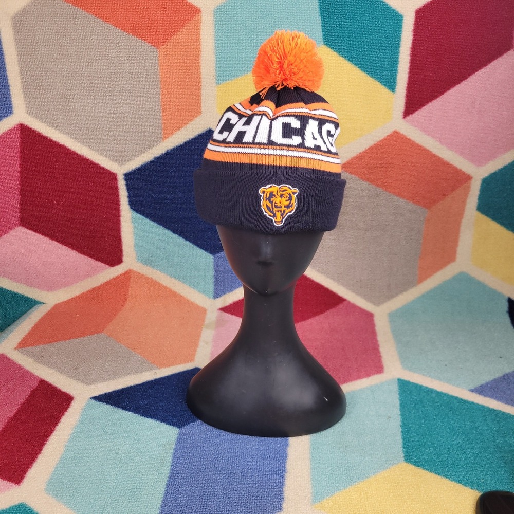 Chicago Bears Knit Beanie Hat‎ Navy Blue Orange Pom Pom Cuffed Winter Cap NFL